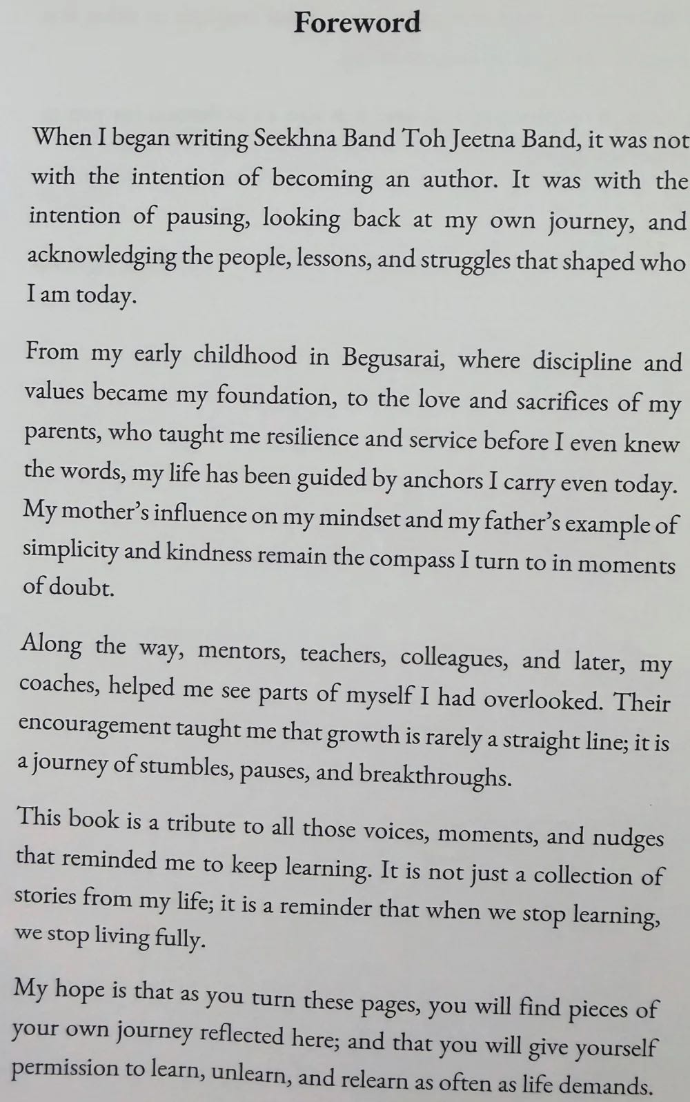 Seekhna Band Toh Jeetna Band — Foreword page